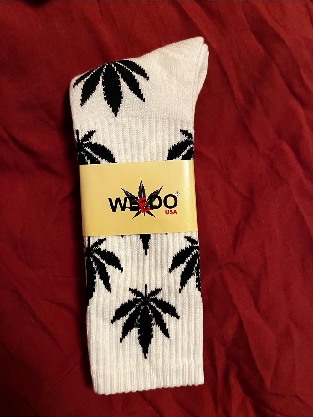 White Crew Socks with Black Leaf Motif